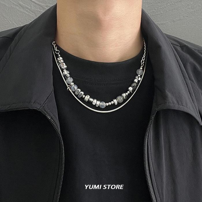 Gambar KALUNG BERLAYER Hip Hop Double Layer Beaded Necklace For Man Titanium Steel Splicing Clavicle Chain Choker Jewelry Street Accessorie Wholesale - Silver Chain dari Ilham Al Fajarr undefined Tokopedia