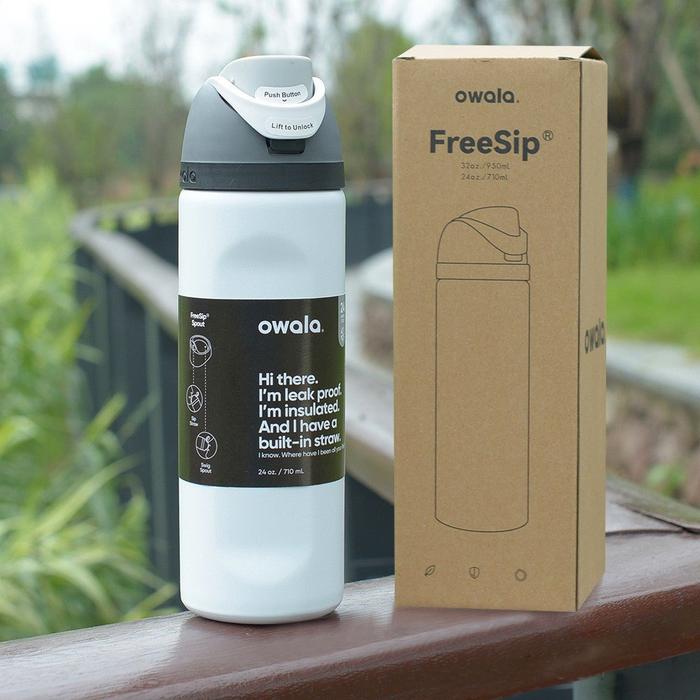 Gambar OWALA FreeSip 24oz 32oz Insulated Stainless Steel Water Bottle with Locking Push Button 1:1 mirror - Shy Marsmellow, 32 Oz dari littlemarleen undefined Tokopedia