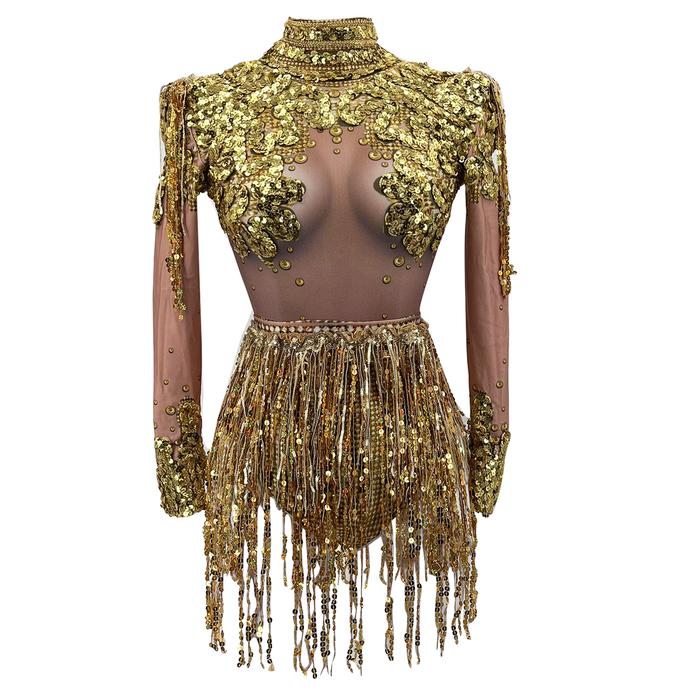Jual sexy two piece gold silver sequin tassels bodysuit stage