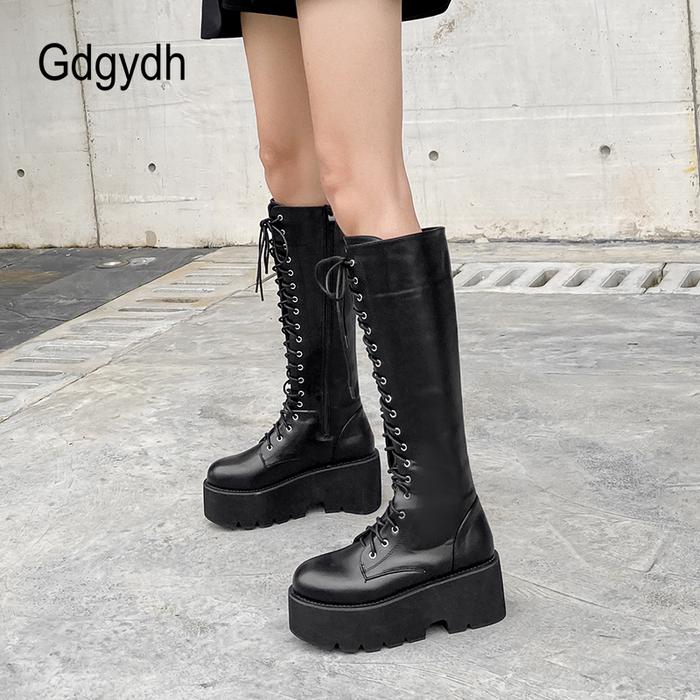 Jual Gdgydh Chunky Platform Heels Pu Leather Knee High Boots Women