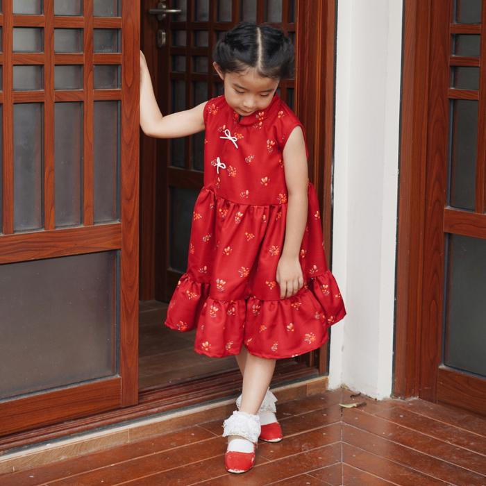 Gambar MOON JOY CHEN DRESS - Dress Anak Perempuan CNY Imlek red merah motif bunga - Red, L dari Moon Joy undefined Tokopedia