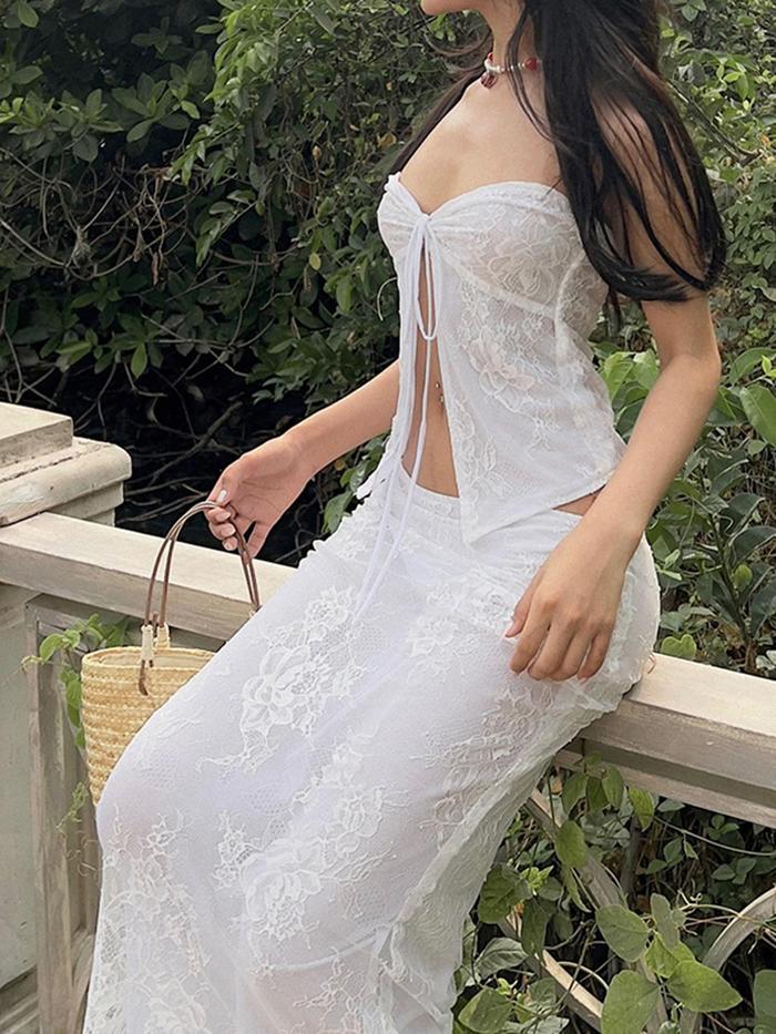 Jual wsevypo White Lace Floral Piece Summer Dress Sets Women's