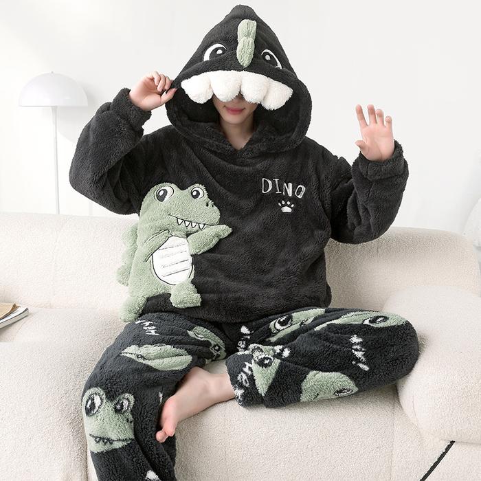 Jual Cute Fleece Pajamas For Men Thick Plush Hooded Pyjamas Winter