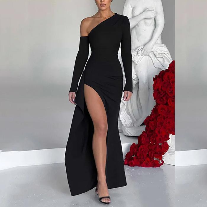 Jual Sexy Diagonal Shoulder Black Dress Fashion Elegant Long
