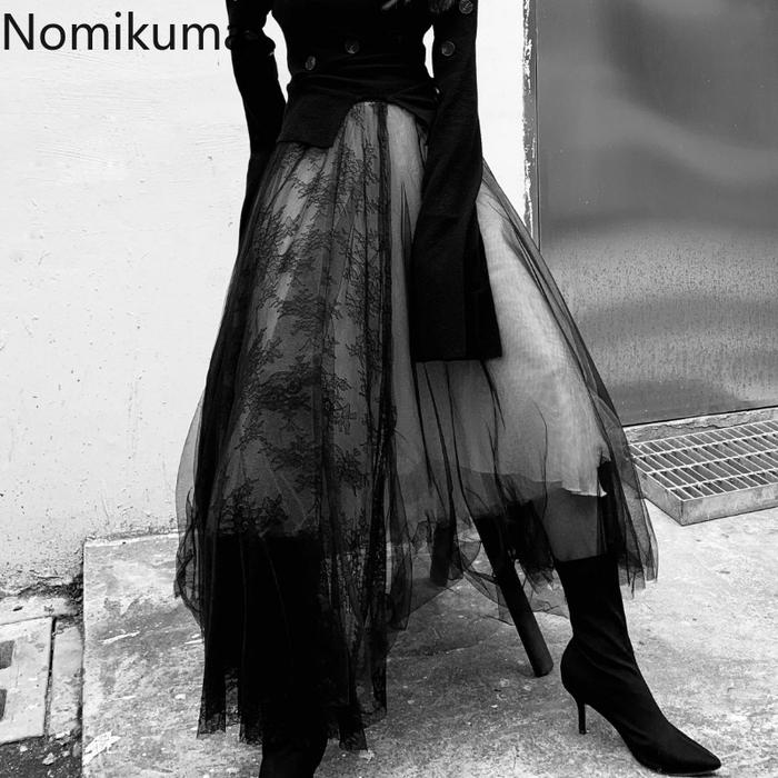 Jual Harajuku Punk Long Skirts for Women Patchwork Gauze Chic Jupe