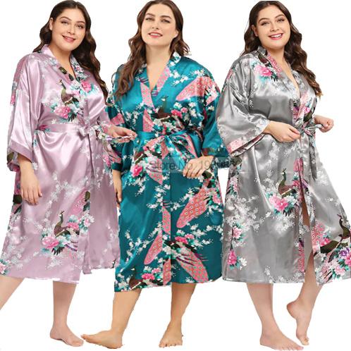 Gambar Long Satin Robe Lady Print Peacock Nightwear 3XL Kimono Bathrobe Gown V-Neck Lingerie Large Size Nightgown Lounge Wear Sleepwear dari bbaappaakkaaddhhyyyy undefined Tokopedia