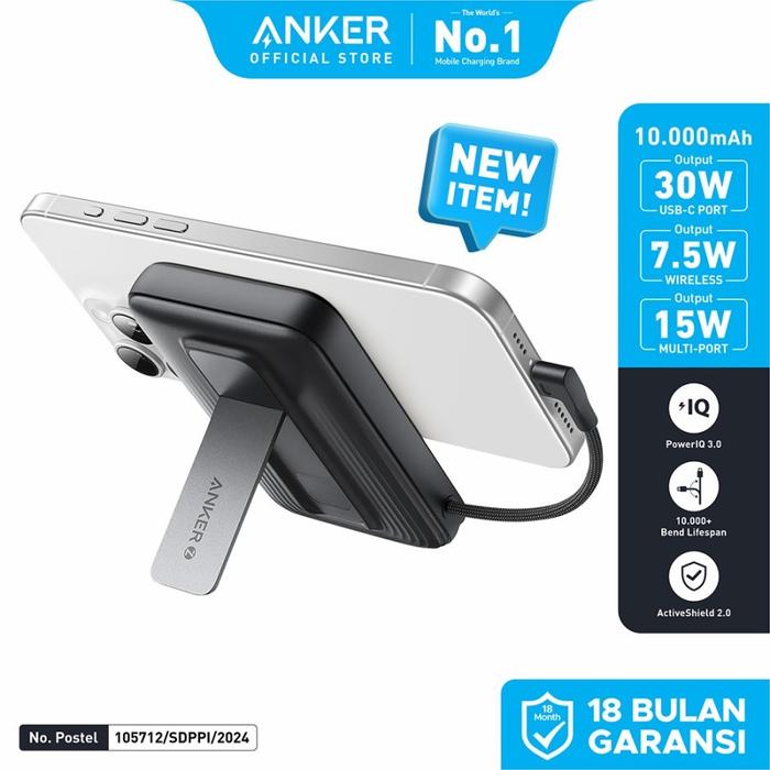 Gambar Anker Zolo Magnetic Power Bank 10.000mAh Wireless Portable Charger with 30W Max Fast Charging Battery Pack with Built-in USB-C Cable and Adjustable Stand - A1685 - Hitam dari Anker Official Medan undefined Tokopedia