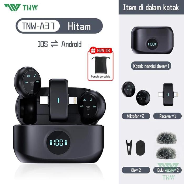 Gambar TNW A37 Wireless Microphone 2-In-1 Clip On Mic Magnetic Mikrofon HP Plug & Play Dual Lavalier - Hitam dari Berkah seller4 undefined Tokopedia
