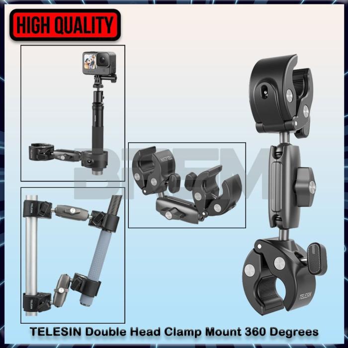 Laris99- Telesin Double Head Clamp Mount 360 Degrees For Monopod Tongsis At  Motorcycle Bike Pipe Handlebar Motor Sepeda Pipa Action Cam Brica B-pro5