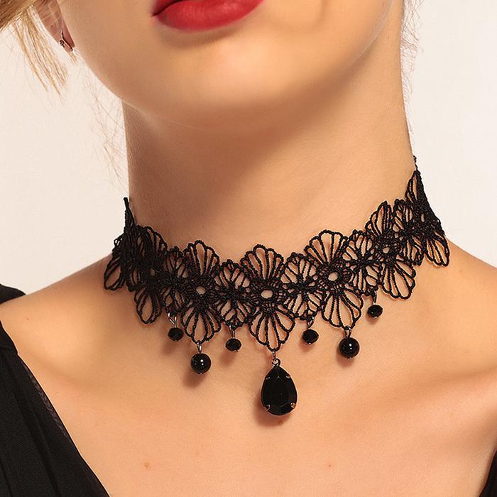 Jual Vintage Gothic Lace Choker For Women Black Crystal Pendant