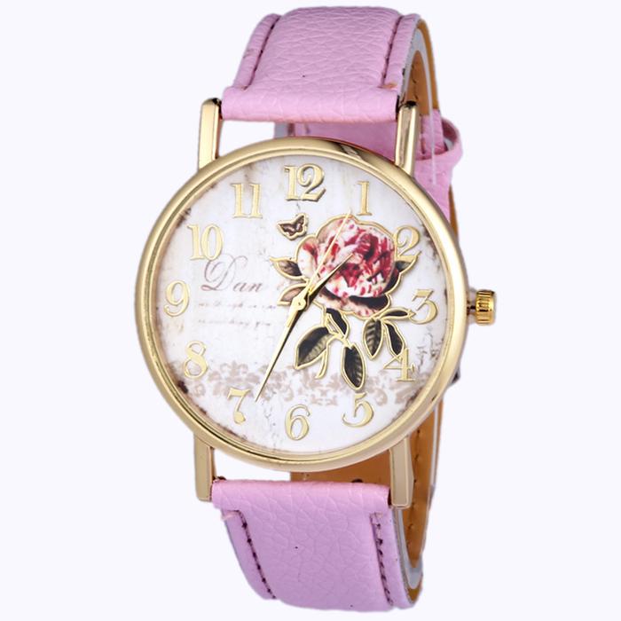 Rose Flower Round Dia Watch Women Elegant Watches Faux Leather Band Arabic  Number Quartz Wristwatch Montre Femme Christmas Gift