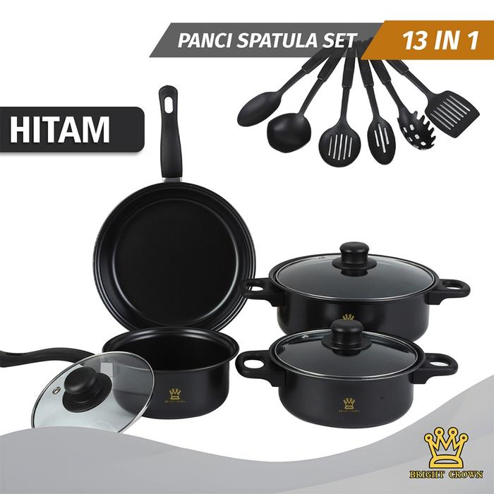Gambar KB by Bright Crown Cookware 13in1 Panci Set Stainless 7pcs Tutup Kaca Spatula isi 6pcs Multifungsi - Set13in1-Hitam dari Doomstoreee undefined Tokopedia
