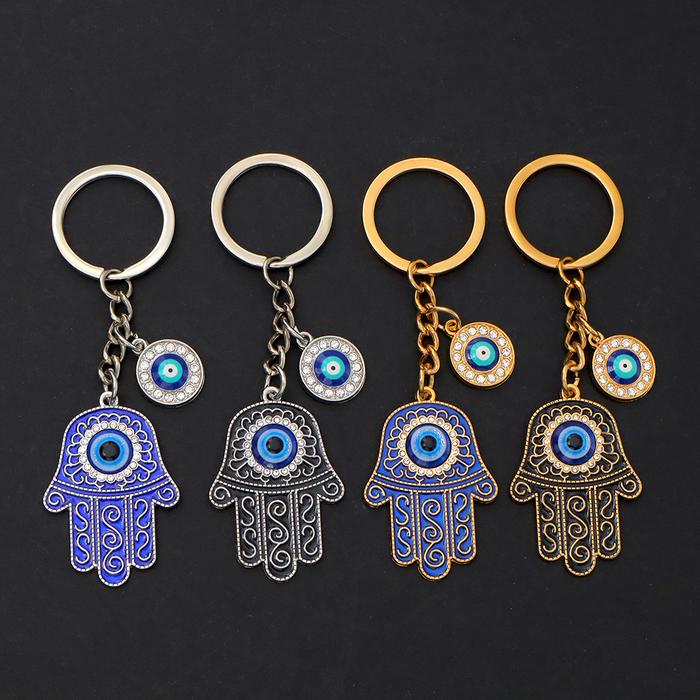 Metal Evil Eye Hamsa Hand Keychain Lucky Blue Eye Rhinestone Pendant  Keyring For Bag Pendant Accessories Car Decor Protect Gift