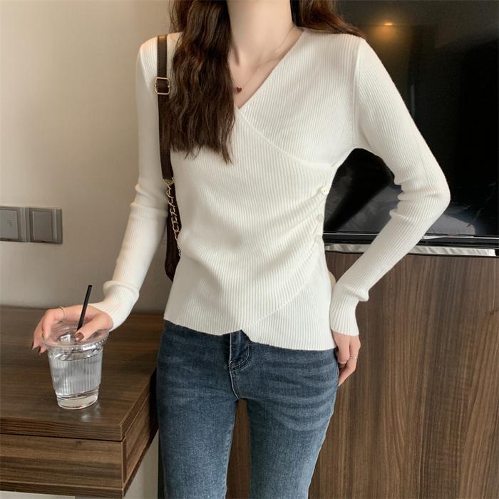 Jual Surplice Sweater for Women Pullovers Ribbed Knit V-Neck Long