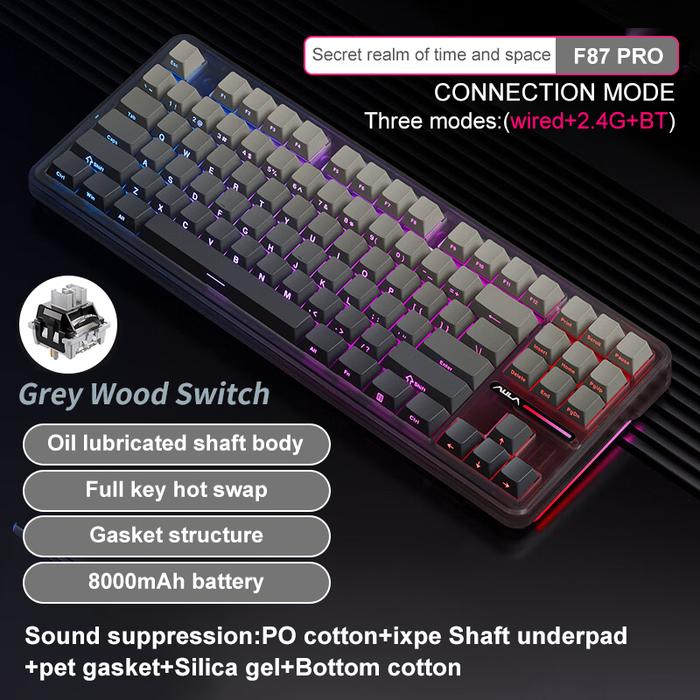 Gambar AULA F87 Pro Mechanical Keyboard 2.4g/Usb/Bluetooth Tri Mode Wireless 87 Key Rgb Pbt Gasket 5 Layer Silencing Full Key No Impact dari AISYAH MULTI SHOP undefined Tokopedia