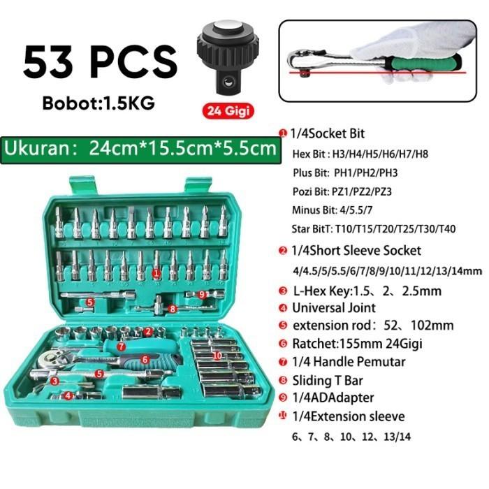 Gambar Kunci Sok Set Socket 53 Pcs Shocket Wrench 1/4"kunci Shock Toolkit Set - 53pcs/24gigi dari Power Tools Plaza undefined Tokopedia