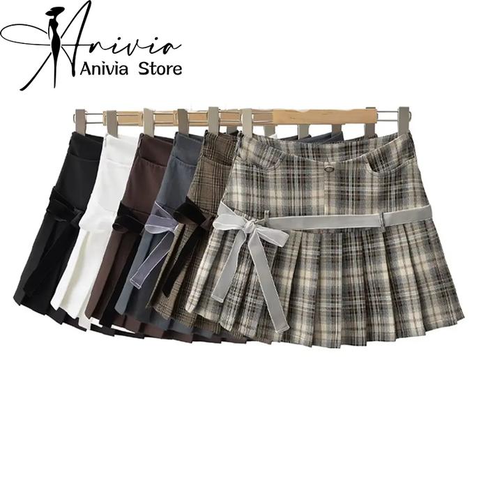 Jual Women's Y2k A-line Pleated Skirt Vintage Plaid Mini Skirt
