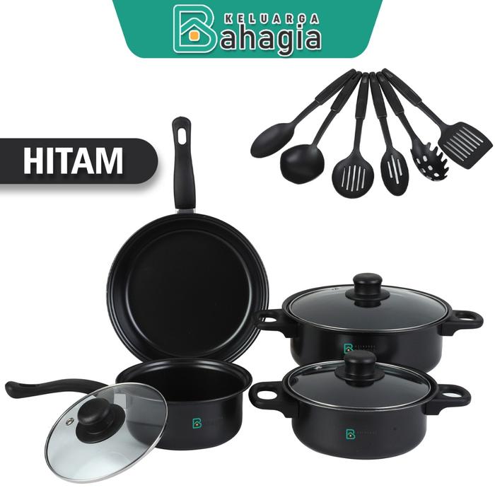 Gambar [KB] Cookware 13in1 Panci Set Stainless 7pcs Tutup Kaca Spatula isi 6pcs Multifungsi / Anti Lengket - Set13in1-Hitam dari Bioshell undefined Tokopedia