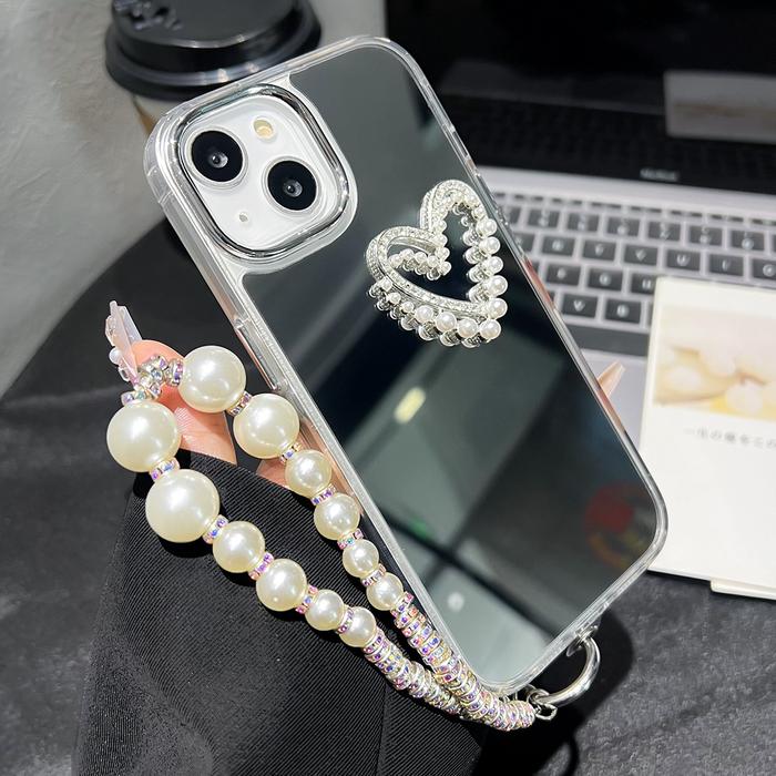 Jual 3D Pearl Love Heart Mirror Bracelet Lanyard Wrist Strap Case