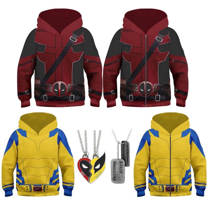Boys Deadpool Wolverine Hoodie Film Cosplay Superhero Pullover Hooded  Sweatshirt Necklace Role Play Set Halloween Costume Jacket