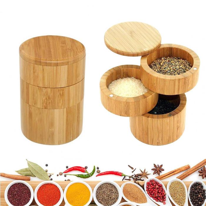 Bamboo Seasoning Storage Box With Magnetic Swivel Lid Wooden Salt Cellar  Pepper Sugar Spice Holder Container Bowl Kitchen Gadget