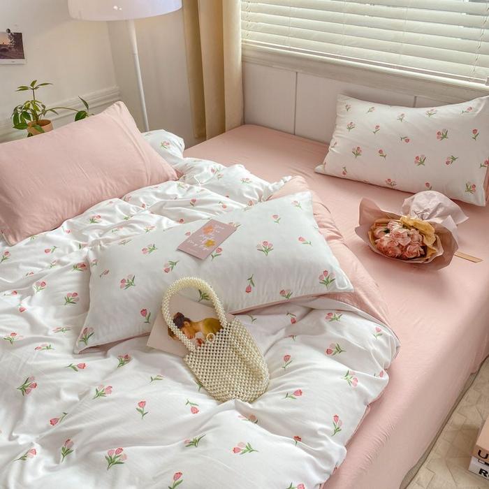 Jual Romantic Tulip Pink Bedding Set Bed Flat Sheet Pillowcase