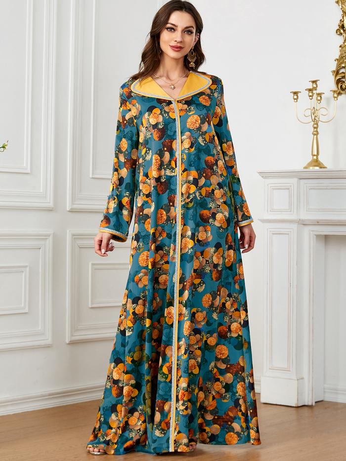 Jual Morocco Floral Print Abayas for Women Muslim Eid Ramadan