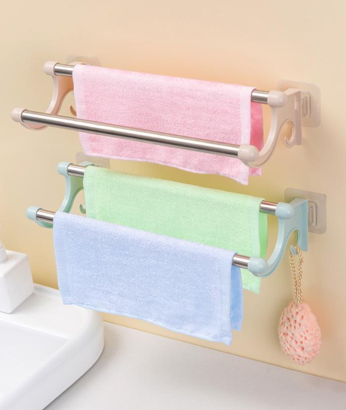Stainless Steel Double Towel Rack Non Punching Perforated Rack Bathroom  Wall-mounted Towel Rack Holder Home Bathroom Accessories
