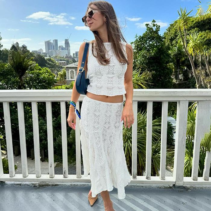 Jual taruxy lace skirt suit women summer white slim sleeveless