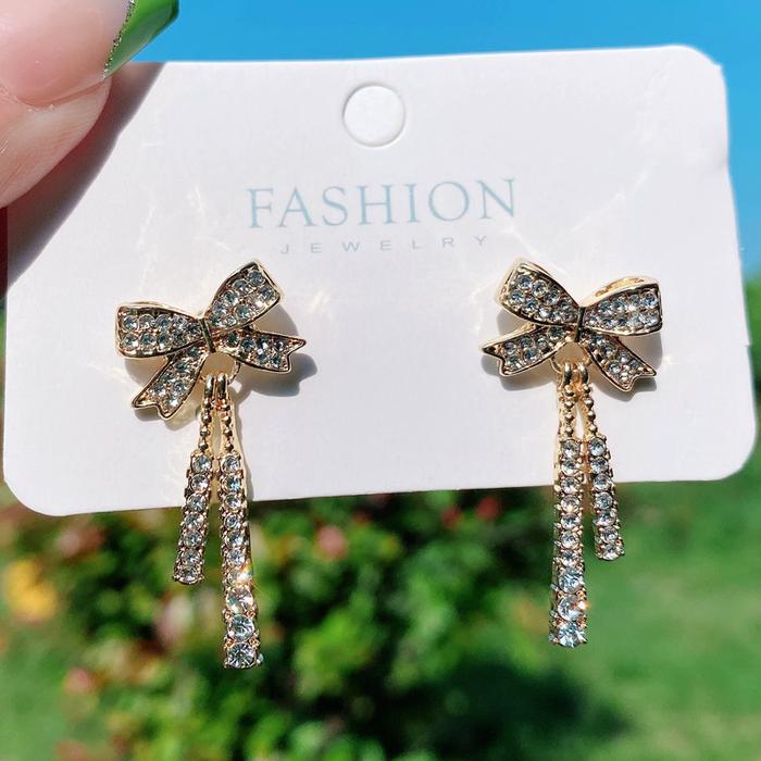 Jual Korean Fashion Bowknot Tassel Earrings Crystal Pendants