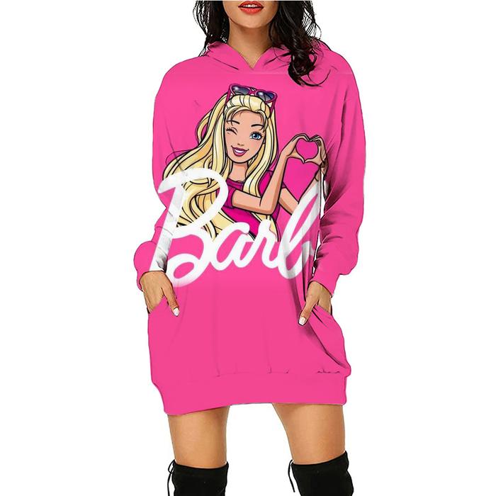Jual Barbie printed hoodie dress casual women's daily hoodie skirt