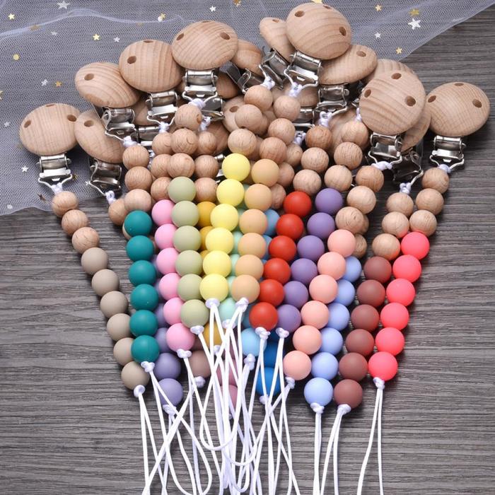 Jual Handmade Beech Wood Baby Pacifier Chain Round Silicone Beads