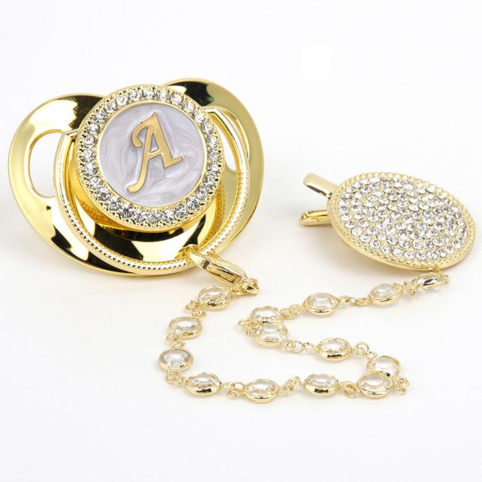 26 Name Initial Letter Baby Pacifier And Pacifier Clips Bpa Free Silicone  Infant Nipple Gold Bling Newborn Dummy Soother Chupete