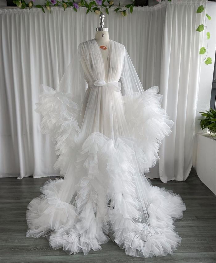 Linda White Bridal Robe Maternity Dresses Women Customized Bathrobe Dress  Photo Shoot Birthday Bride Wed Fluffy Party Sleepwear