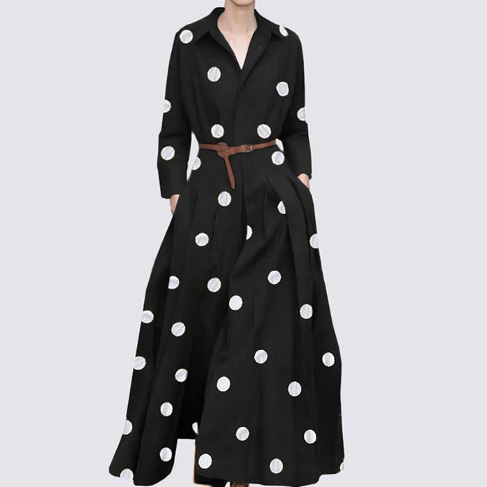 Jual Long Sleeve Lapel Shirt Dress Women Elegant Fashion Polka Dot