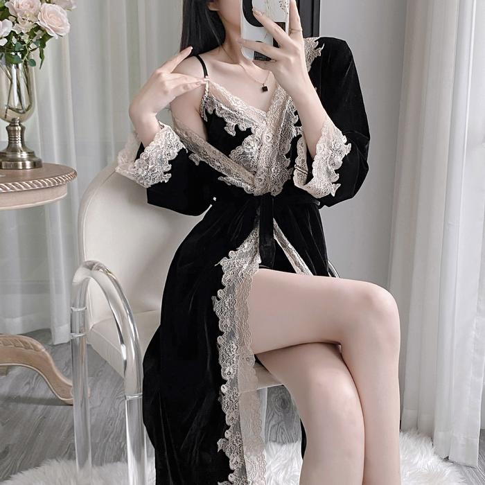 Jual New Autumn Winter Kimono Bathrobe Gown Black Velvet Lace Trim