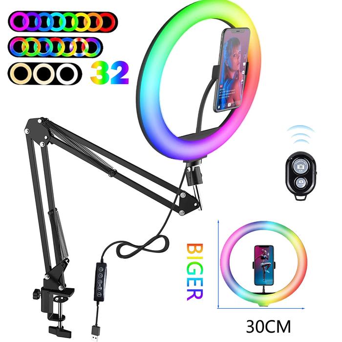 Rgb Color Soft Ring Light Circle Lamp With Desk Long Arm Tablet Tripod  Phone Holder Stand Photography Lighting Selfie Ringlight