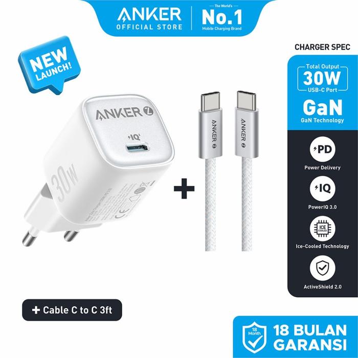 Gambar Anker Wall Charger GaN Adaptor USB Type-C Fast Charging PD for iPhone 15 14 13 12 11 XR 30W Ice-Cooled bundle Kabel type-C to type-C - B2698 - Putih dari Anker Official Medan undefined Tokopedia