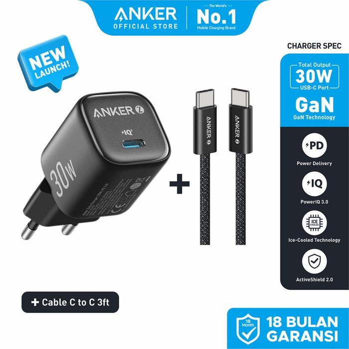 Gambar Anker Wall Charger GaN Adaptor USB Type-C Fast Charging PD for iPhone 15 14 13 12 11 XR 30W Ice-Cooled bundle Kabel type-C to type-C - B2698 - Hitam dari Anker Official Medan undefined Tokopedia