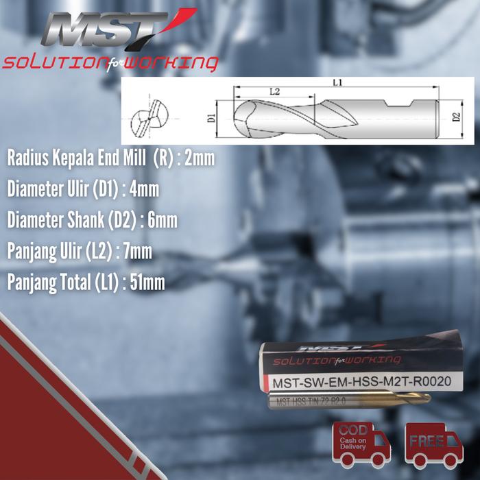 Gambar MST Mata Pisau Milling End Mill 2 Flute Ball Nose HSS-M2 Titanium Coating Metric Series - R 2mm dari MST TOOLS undefined Tokopedia