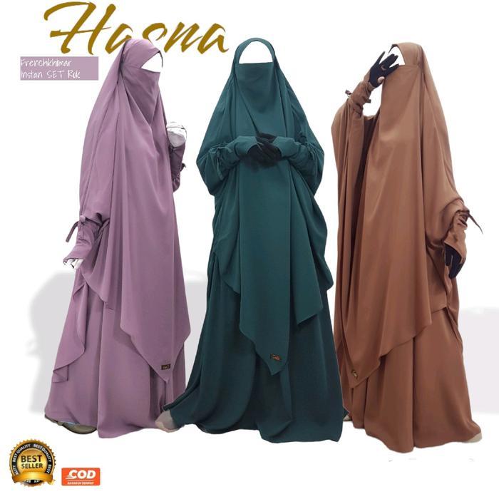 Gambar Hasna Moslem French Khimar  Set Rok Lancip khimar Simple Syari Cantik Jilbab Tangan Resleting Pita Khimar Panjang Elegan Fashion Muslimah Wudhu Friendly Kerudung Wolfis Wanita D3V!! dari Vivian99 undefined Tokopedia