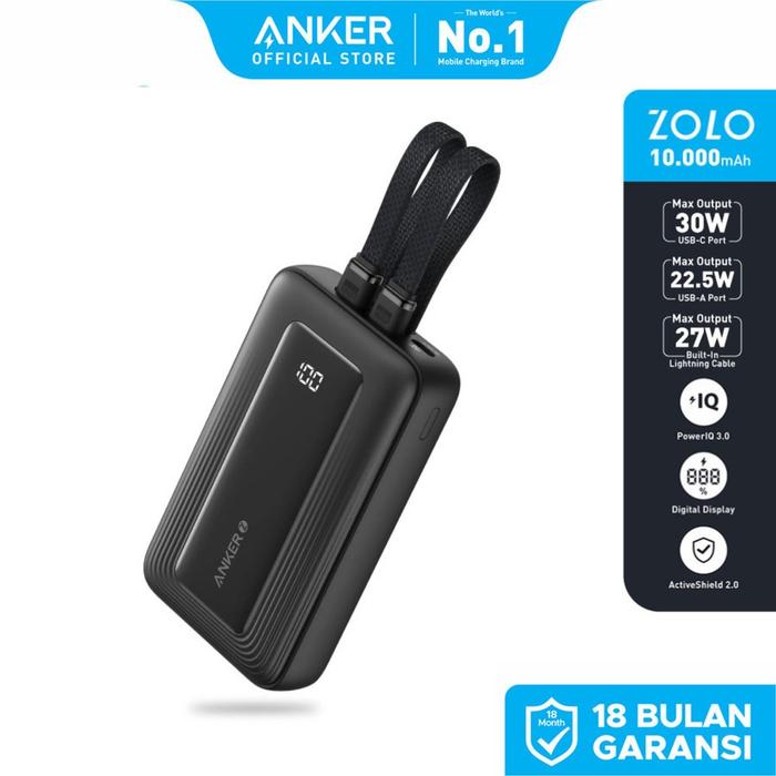 Gambar Anker Zolo Power Bank 10.000mAh 30W Max Fast Portable Charger with Built-in USB-C and MFi Certified Lightning Cables - A1680 - Hitam dari Anker Official Medan undefined Tokopedia