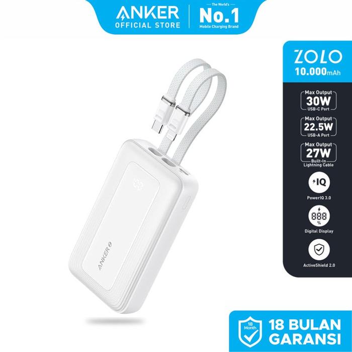 Gambar Anker Zolo Power Bank 10.000mAh 30W Max Fast Portable Charger with Built-in USB-C and MFi Certified Lightning Cables - A1680 - Putih dari Anker Official Medan Kota Medan Tokopedia
