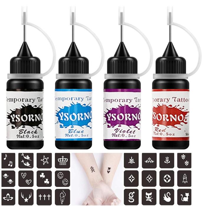 Gambar New! Terlaris! Temporary Tattoos Kit 4 Bottles Semi Permanent Freehand Ink with Adhesive Stencils Se dari zaimunhra undefined Tokopedia