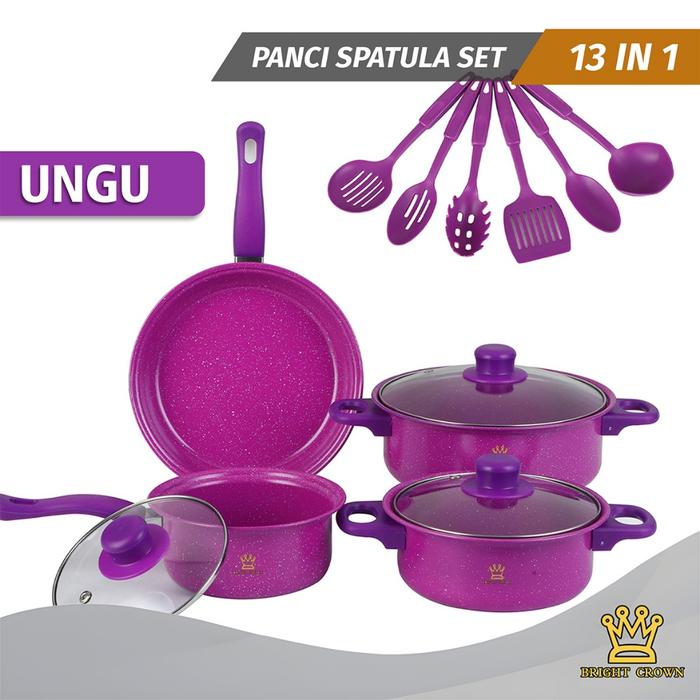 Gambar ibengstoree - KB by Bright Crown Cookware 13in1 Panci Set Stainless 7pcs Tutup Kaca Spatula Isi 6pcs Multifungsi - Set13in1-Ungu dari ibengstoree undefined Tokopedia