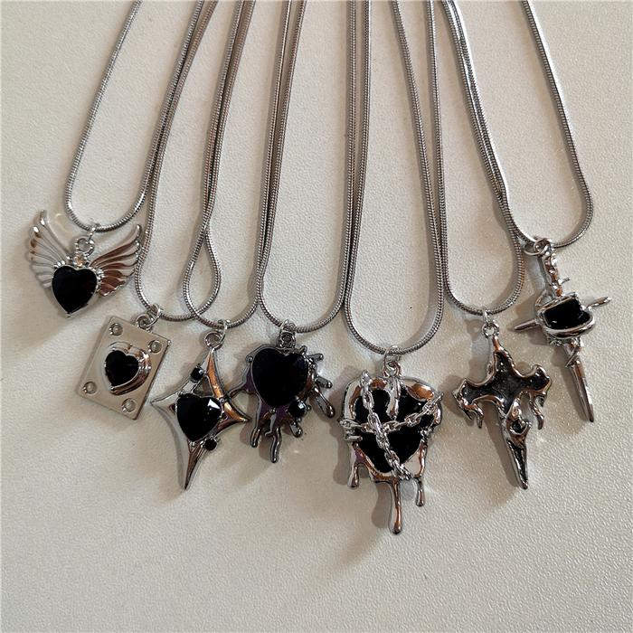 Jual Kpop Punk Harajuku Gothic Black Heart Cross Pendant Necklace