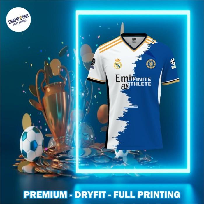Gambar Jersey REAL MADRID 2024 x CHELSEA 2024  - Berbahan Dryfit Full Printing & Free custom nama dan nomor - ATASAN (Baju), S Kids dari konveksijersey.id undefined Tokopedia