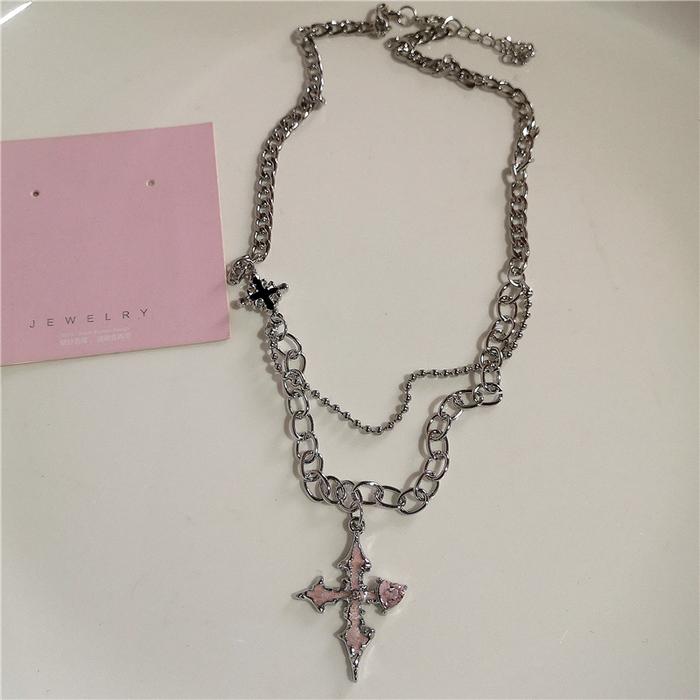 Jual Gothic Y2K Pink Cross Heart Pendant Chain Choker Necklace For