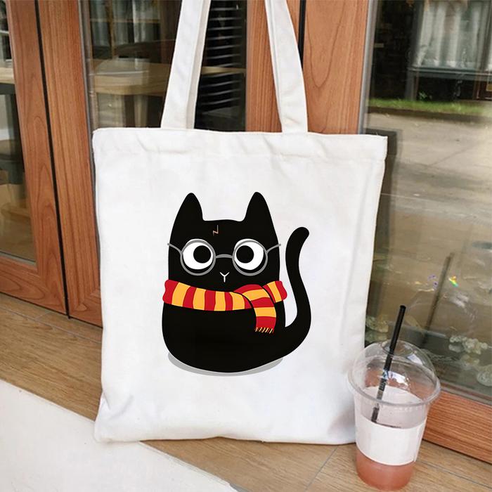 Jual Women Canvas Tote Bag Funny Black Cat Print Female Reuseable - Main Image