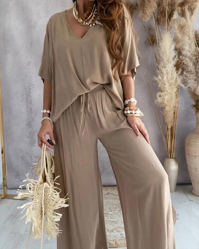 Summer Casual Loose Two Piece Set Women Fashion V-neck Pants Sets Women  Elegant Batwing Sleeve Homewear Outfits Piece Sets